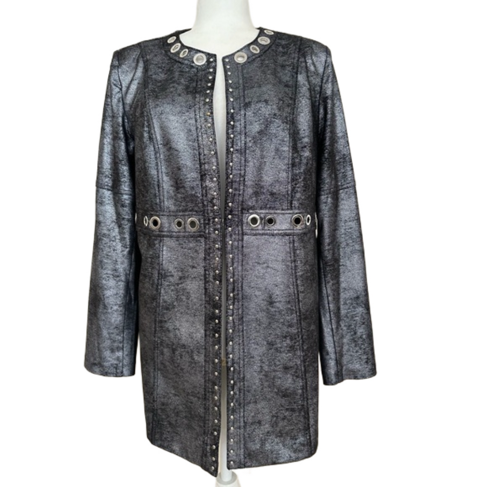 Insight New York Embellished Long Black and Silver Jacket w/ Hook and Eye Close
